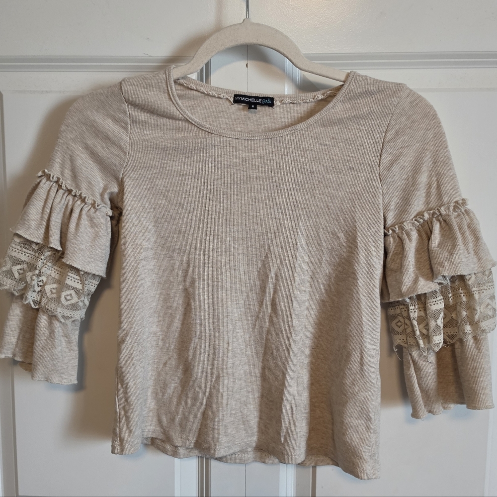 My Michelle Beige Cream mixed Lace Ruffle Sleeve ribbed Top